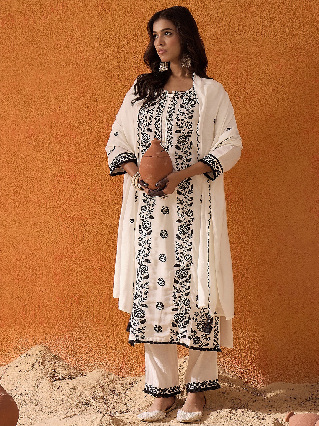 

Indo Era White Floral Embroidered Straight Kurta with Trousers & Dupatta