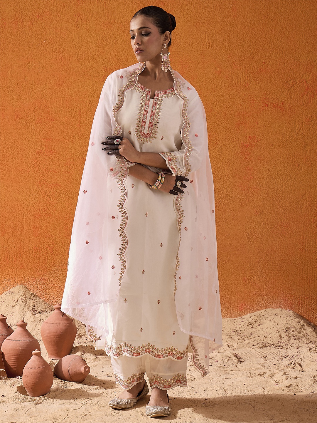 

Indo Era White Floral Embroidered Sequinned Straight Kurta with Trousers & Dupatta