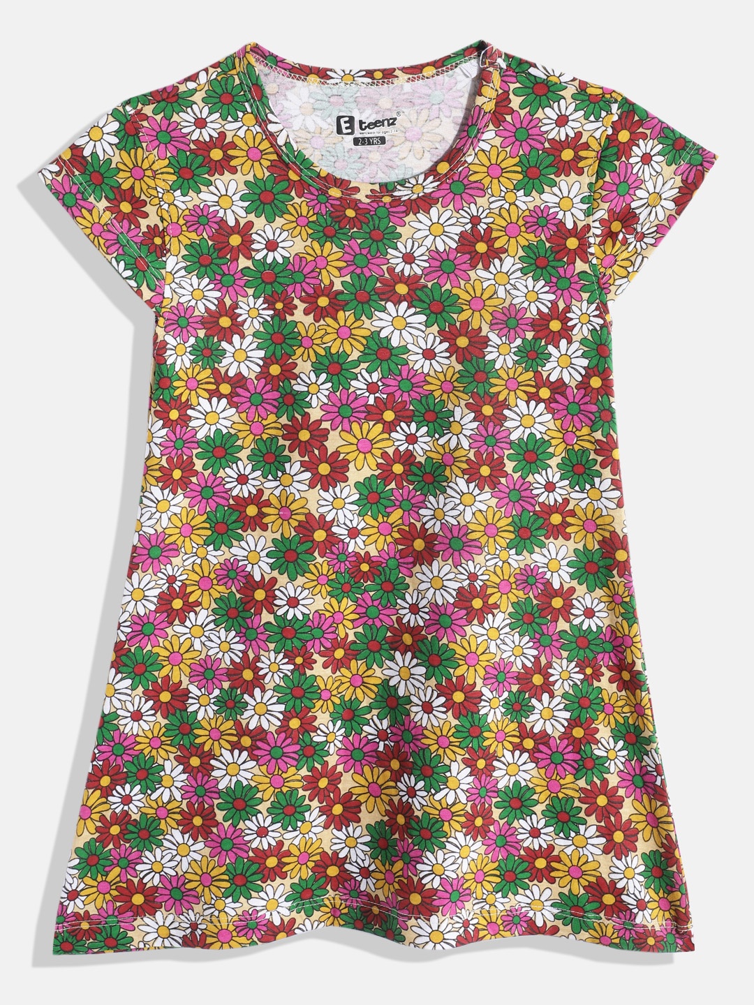 

Eteenz Girls Floral Printed Cap Sleeves Pure Cotton A-Line Dress, Yellow