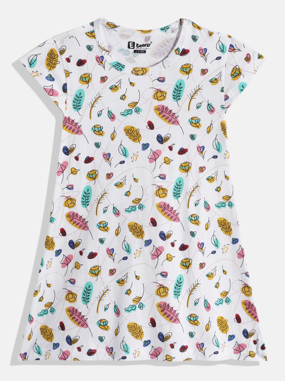 

Eteenz Girls Floral Printed Cap Sleeves Pure Cotton A-Line Dress, White