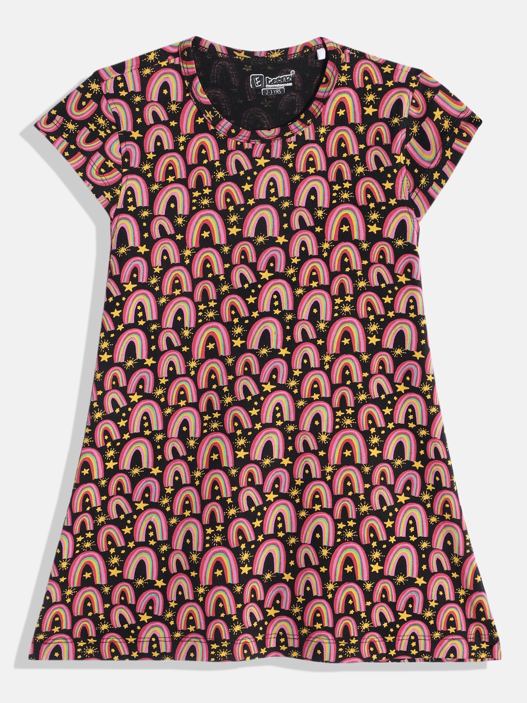 

Eteenz Girls Conversational Printed Cap Sleeves Pure Cotton A-Line Dress, Black