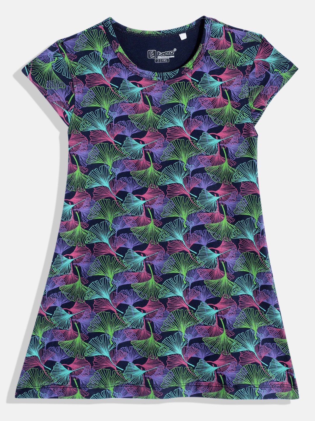 

Eteenz Girls Tropical Printed Cap Sleeves Pure Cotton A-Line Dress, Navy blue