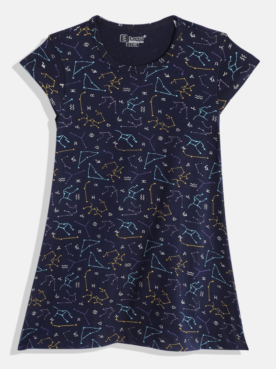 

Eteenz Girls Geometric Printed Cap Sleeves Pure Cotton A-Line Dress, Navy blue