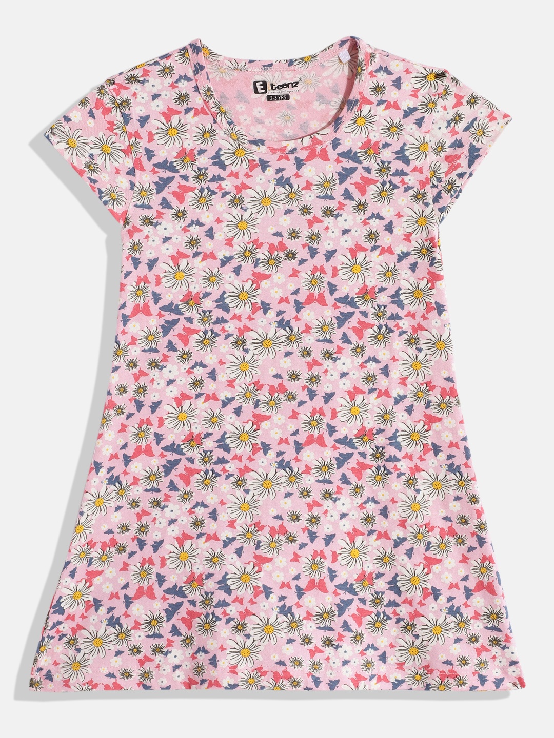 

Eteenz Girls Floral Printed Cap Sleeves Pure Cotton A-Line Dress, Pink