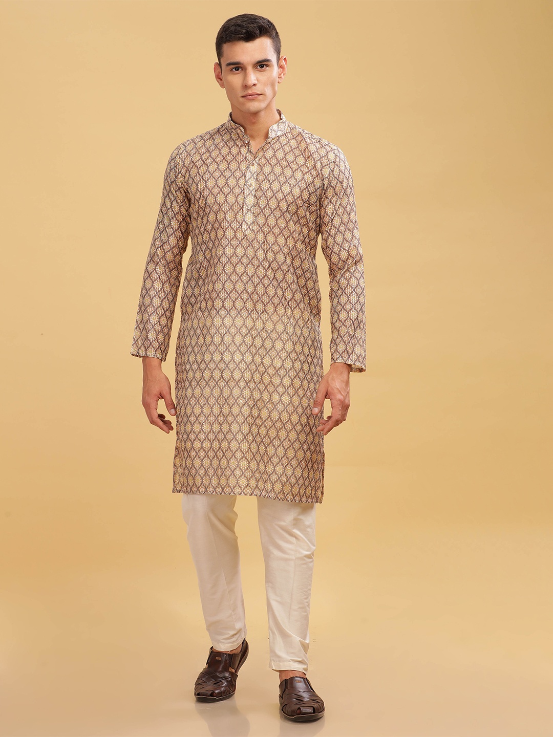 

Anouk Cream-Coloured Geometric Printed Croset Embroidery Mandarin Collar Straight Kurta