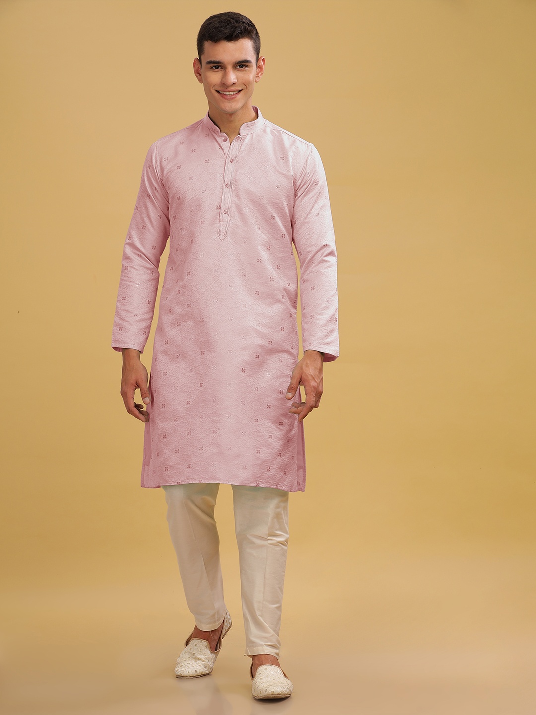 

Anouk Pink Floral Woven Design Mandarin Collar Straight Kurta