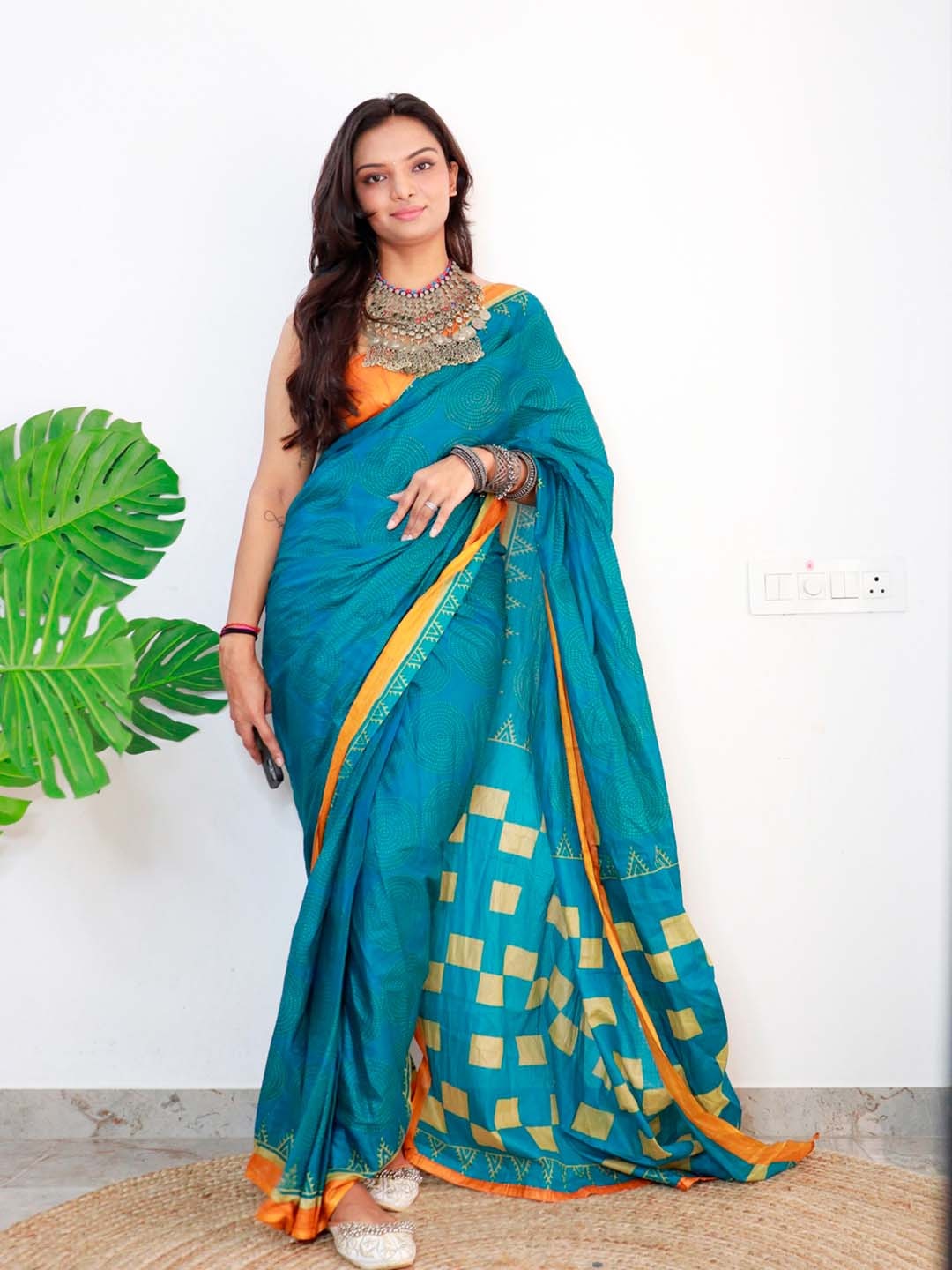 

Anouk Pure Cotton Bagru Geometric Printed Saree, Teal