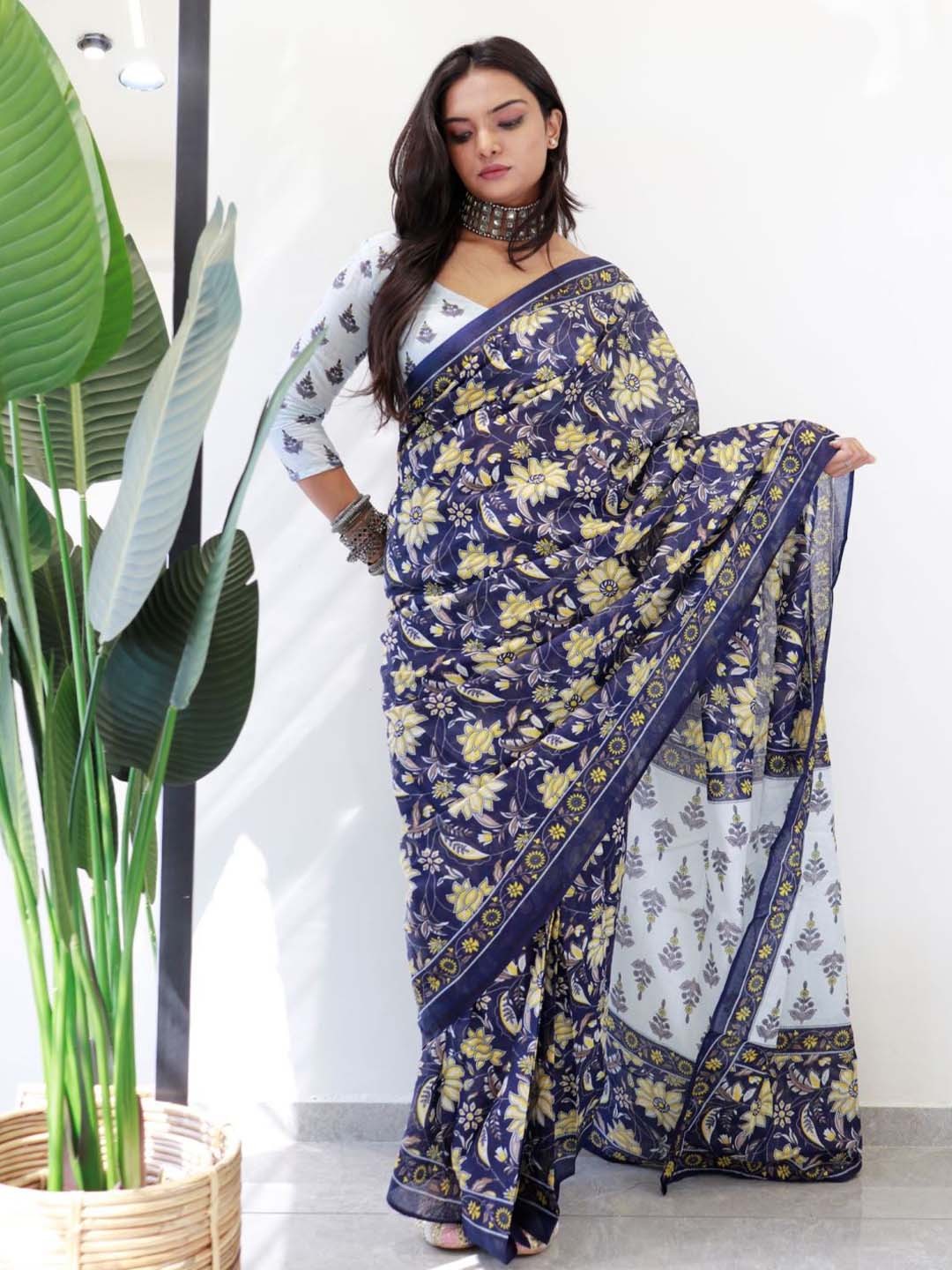 

Anouk Ethnic Motifs Pure Cotton Bagru Saree, Navy blue