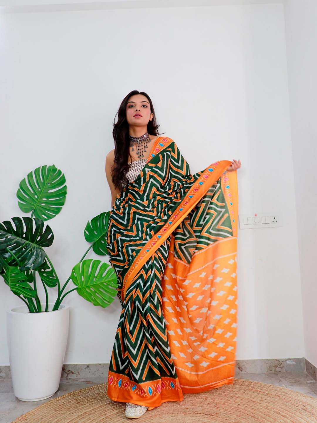 

Anouk Pure Cotton Bagru Geometric Printed Saree, Green