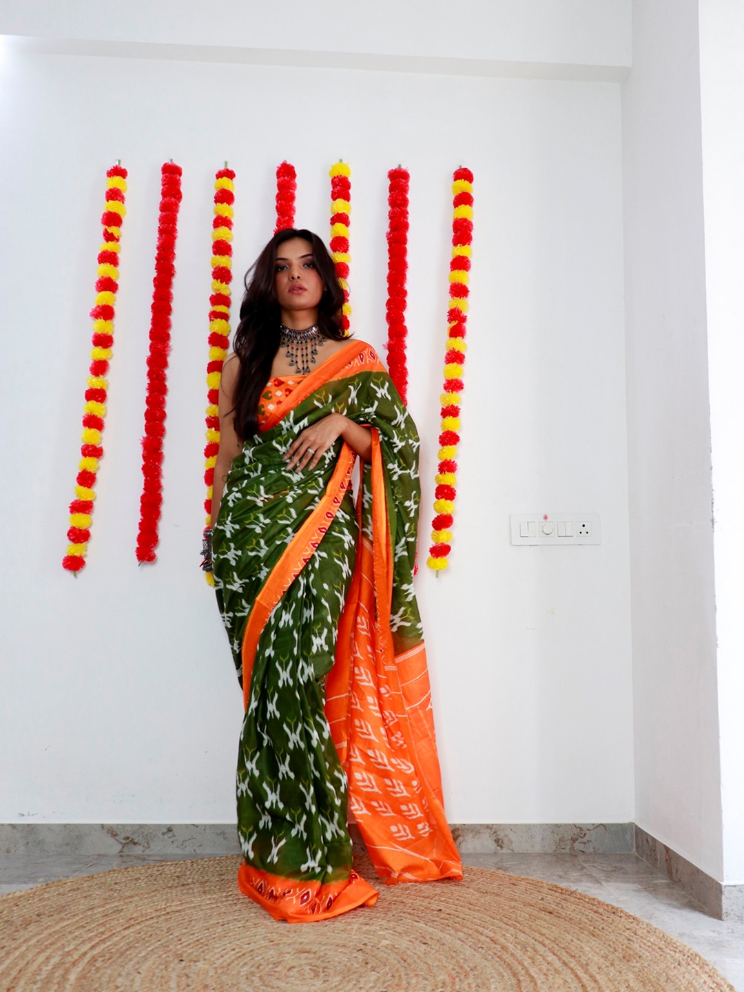 

Anouk Pure Cotton Ethnic Motifs Printed Bagru Saree, Lime green