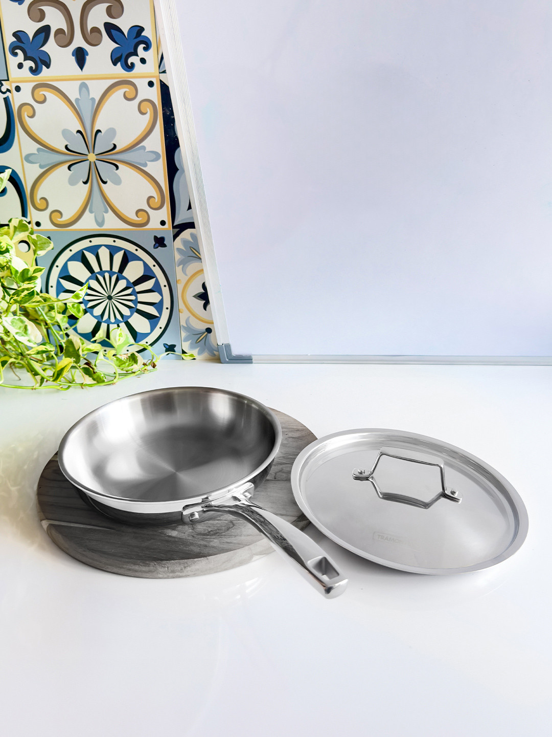 

Tramontina Aeion Non Toxic Stainless Steel Triply Induction Base Fry Pan with lid, Silver