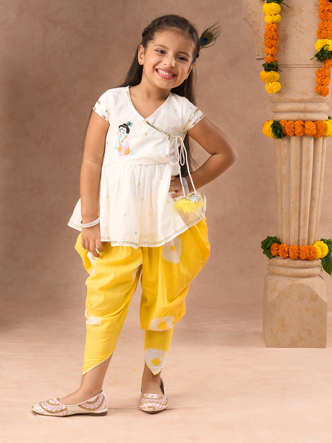 

LIL DRAMA Girls Embroidered Angrakha Gotta Patti Pure Cotton Kurta With Dhoti Pant, Yellow