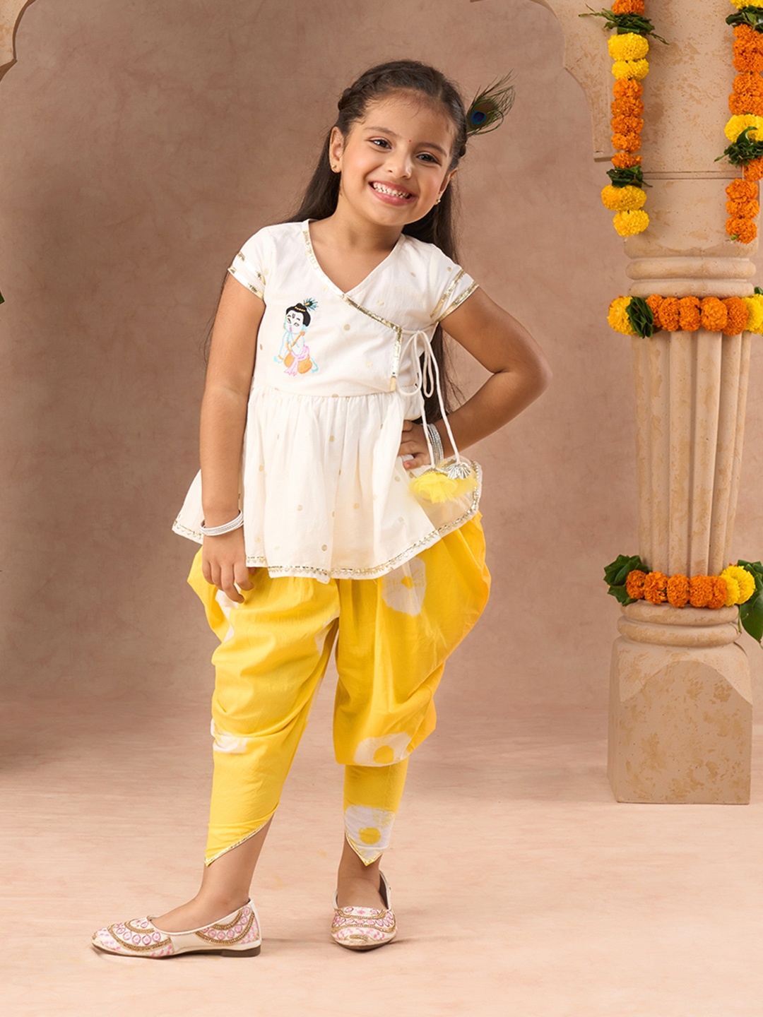 

LIL DRAMA Girls Embroidered Angrakha Gotta Patti Pure Cotton Kurta With Dhoti Pant, Yellow