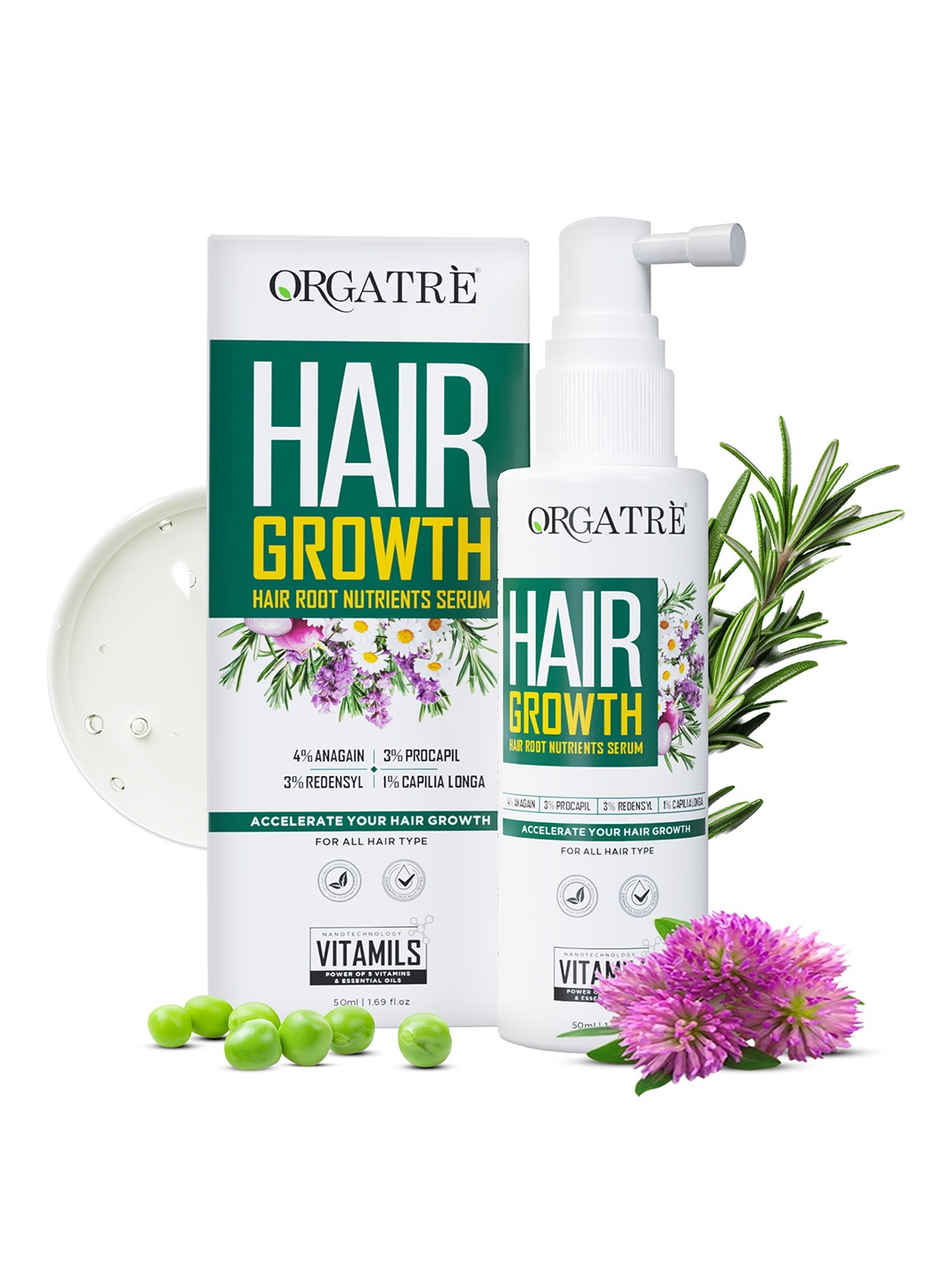 

Orgatre Hair Growth Nutrients Serum With Vitamin E & Rosemary Oil - 50ml, Green