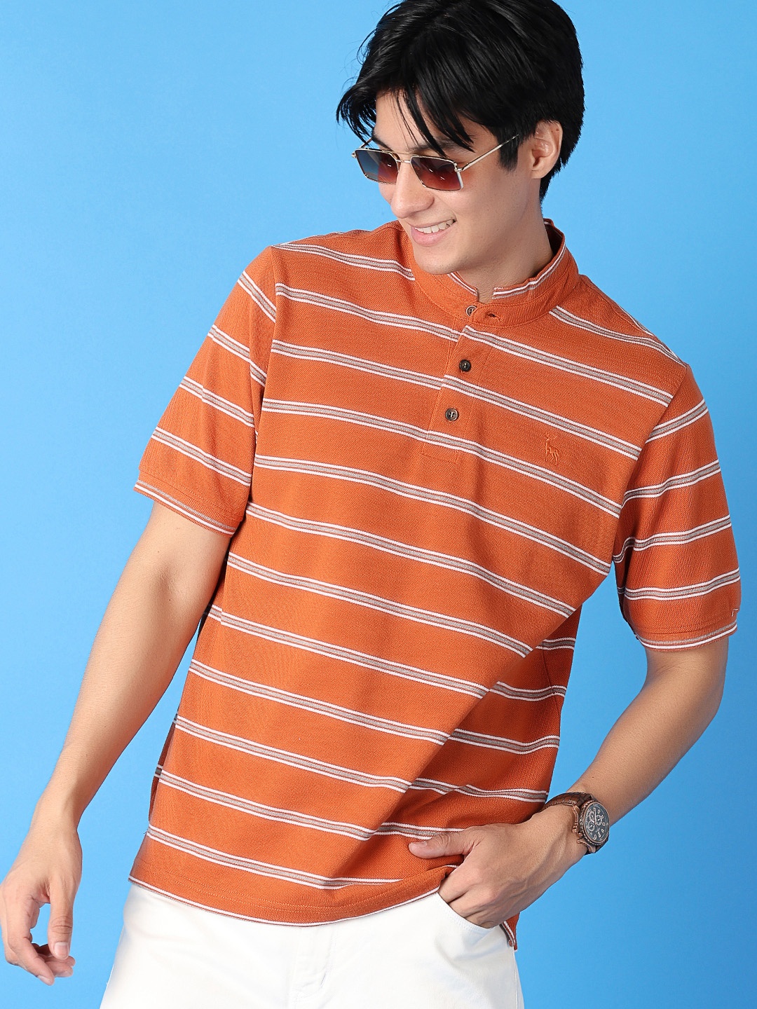 

V-Mart Men Striped Mandarin Collar Cotton T-Shirt, Rust