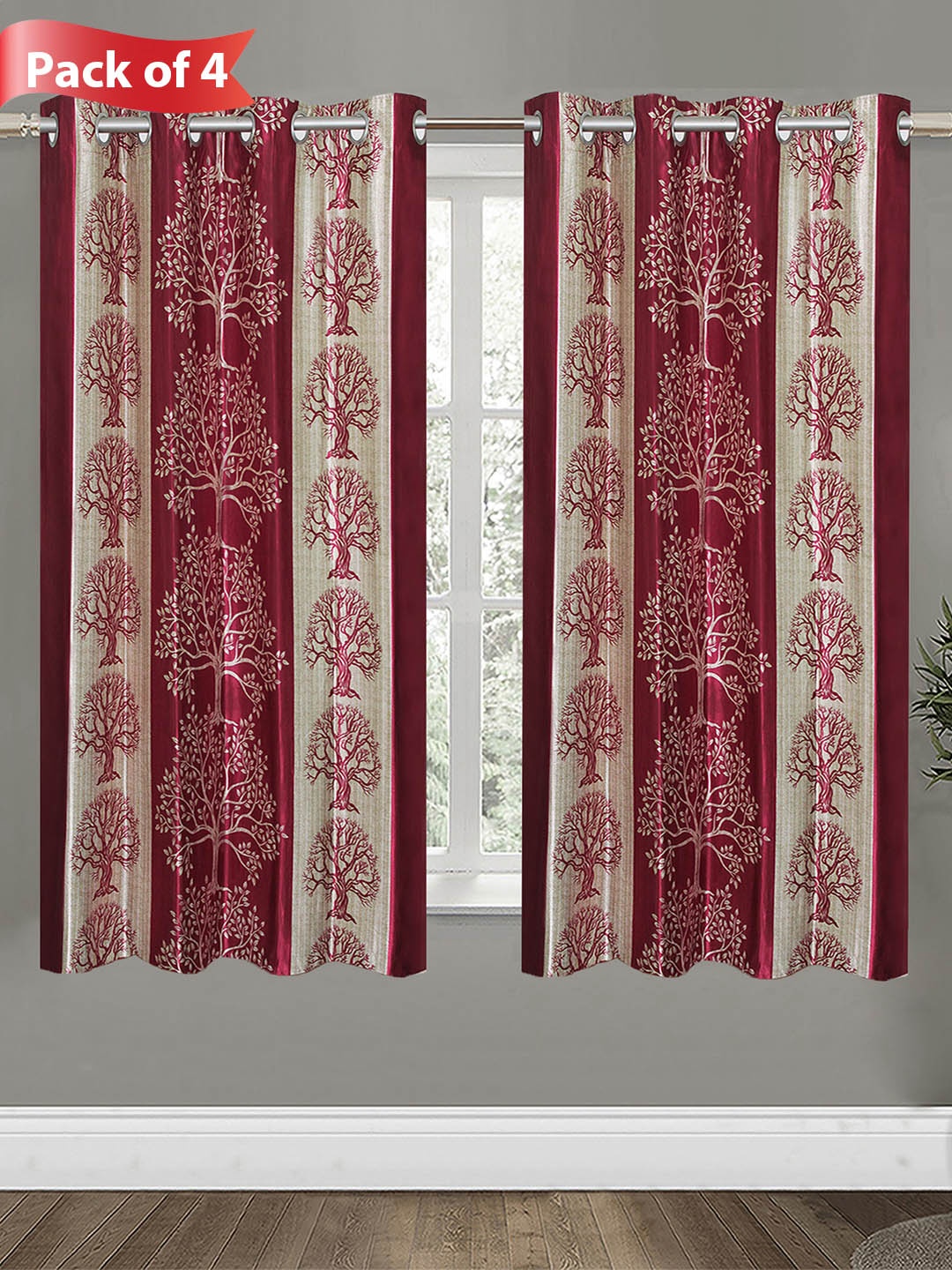 

Aura Maroon & White 4 Pieces Floral Room Darkening Window Curtains