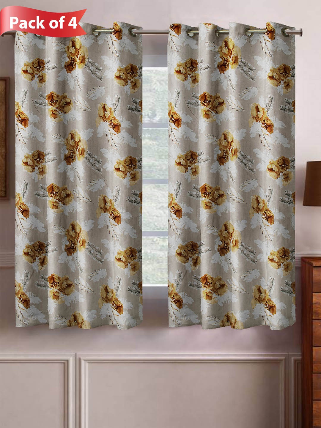 

Aura Beige & Yellow 4 Pieces Floral Room Darkening Window Curtains