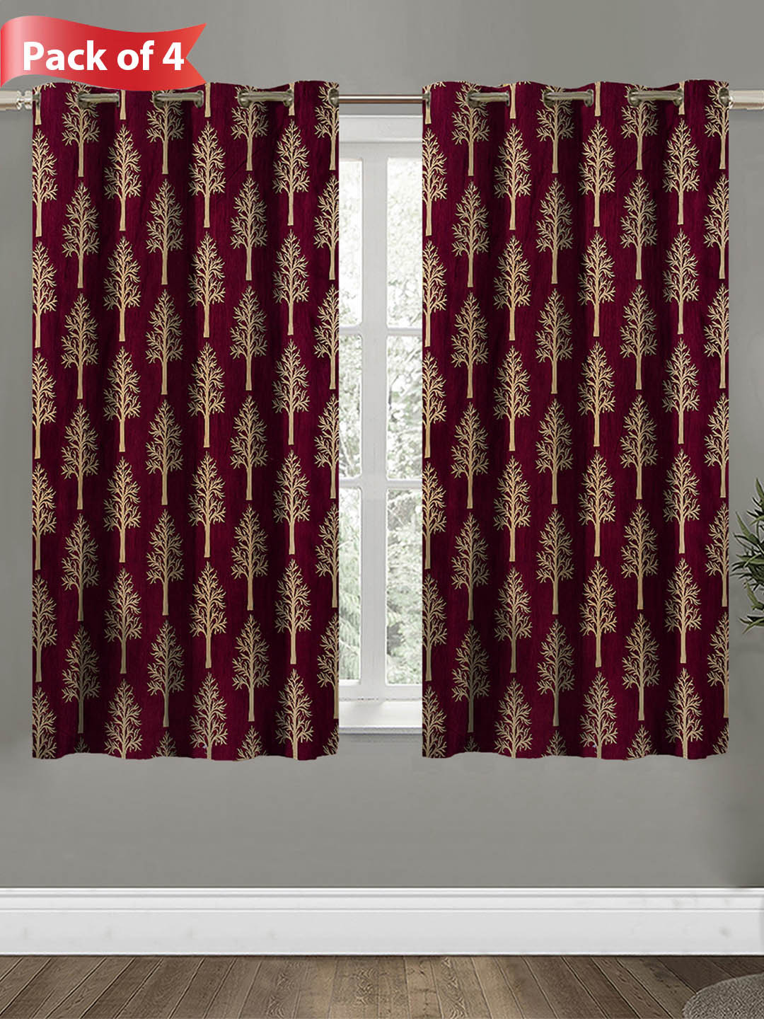 

Aura Maroon & White 4 Pieces Floral Room Darkening Window Curtains