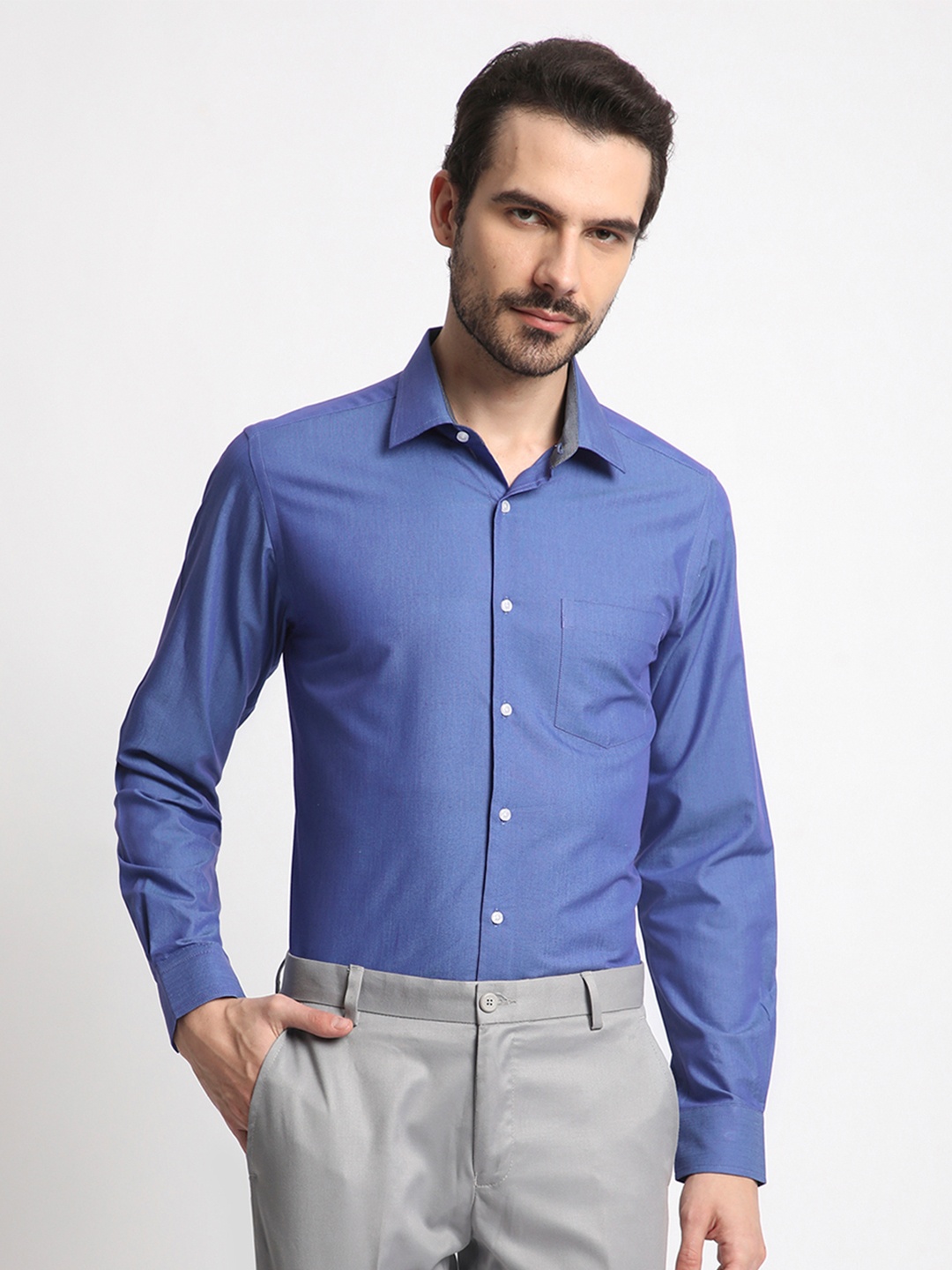 

IVOC Men Standard Spread Collar Solid Cotton Slim Fit Formal Shirt, Blue