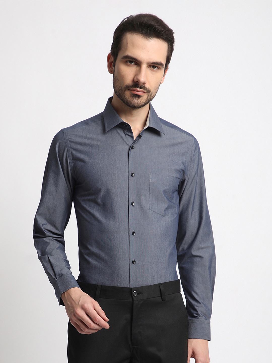 

IVOC Men Standard Spread Collar Solid Cotton Slim Fit Formal Shirt, Blue