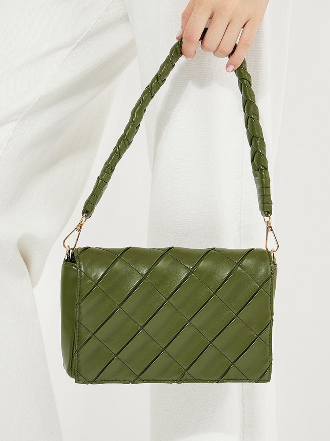 

Styli Textured Baguette Sling Bag, Green