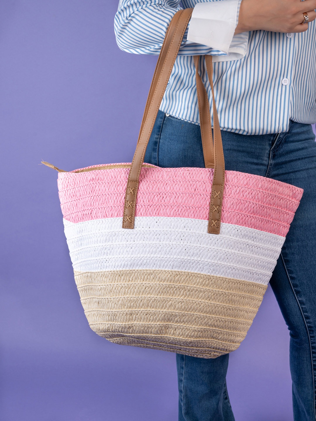 

Styli Colourblocked Oversized Bucket Tote Bag, Pink