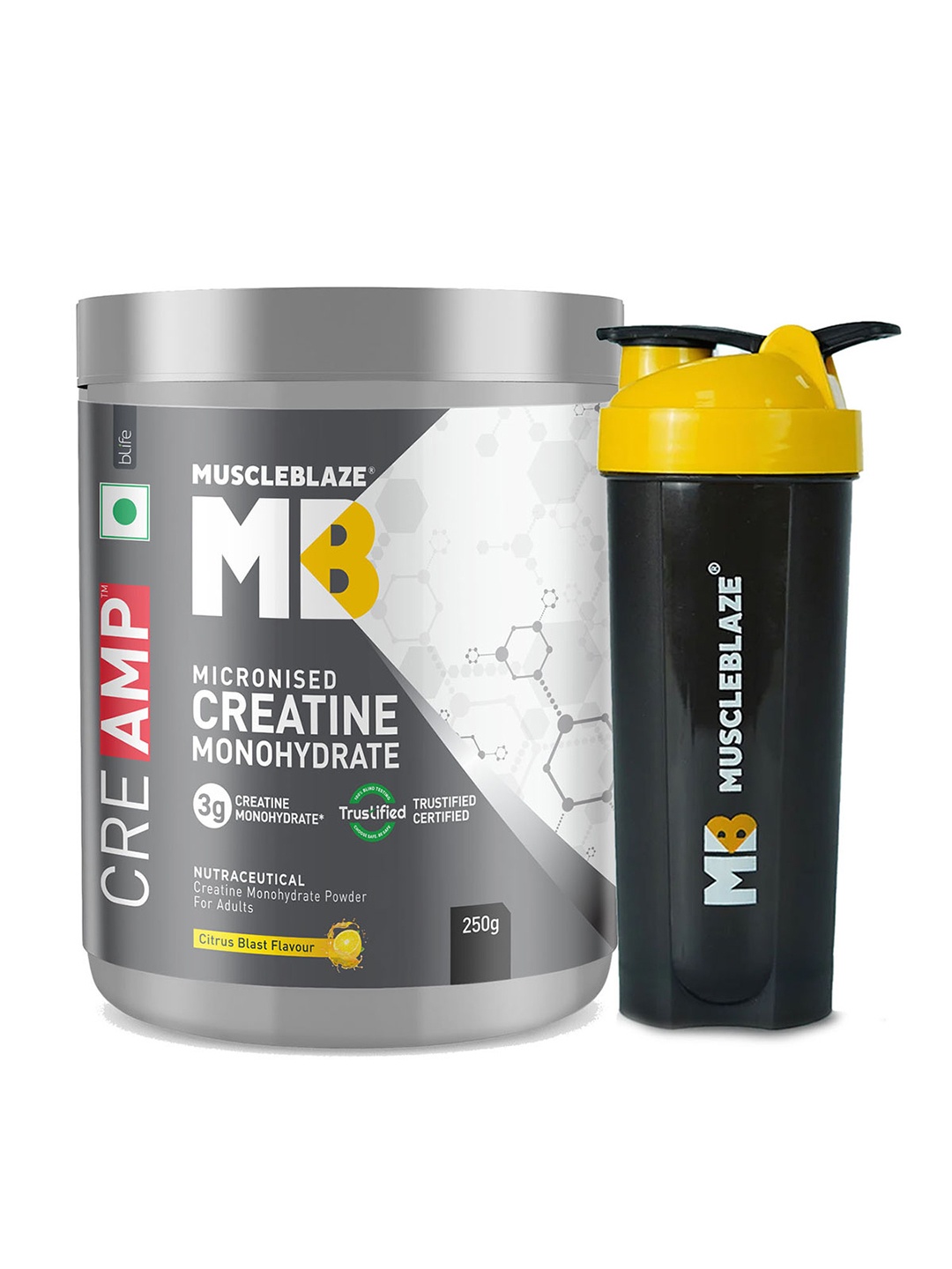 

MuscleBlaze Creatine Monohydrate CreAMP with Citrus Blast CreAbsorb With Shaker-250g, Yellow