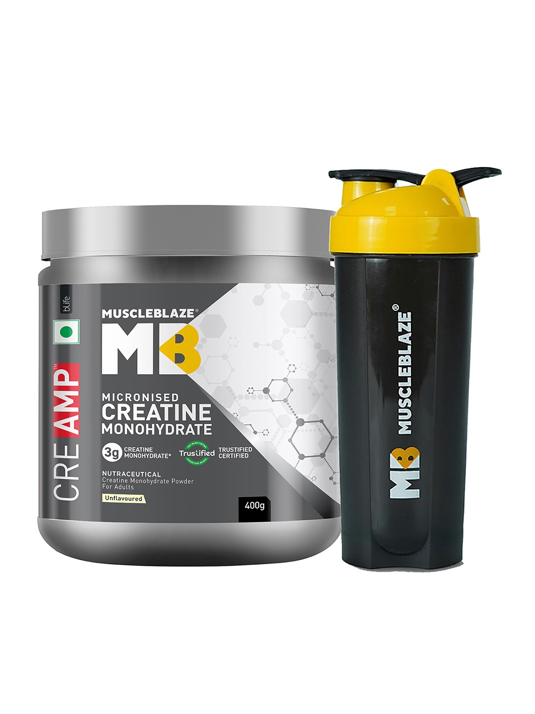 

MuscleBlaze Creatine Monohydrate CreAMP With Unflavoured CreAbsorb With Shaker-400g, White