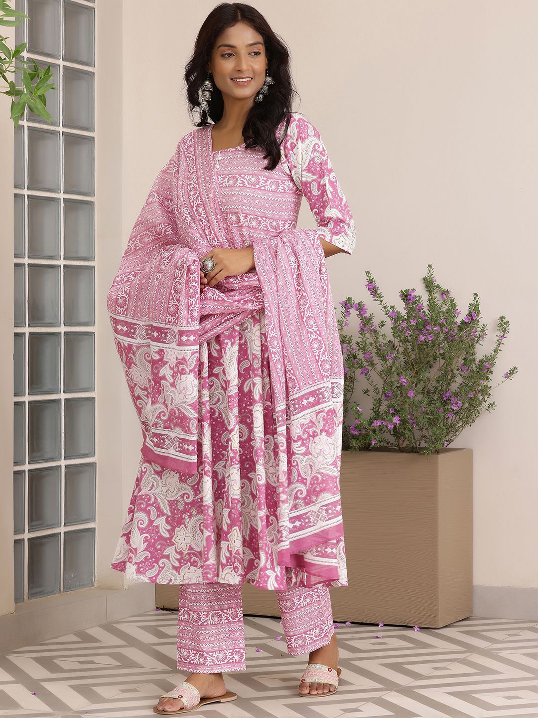 

Libas Floral Printed Pure Cotton Anarkali Kurta With Trousers & Dupatta, Pink