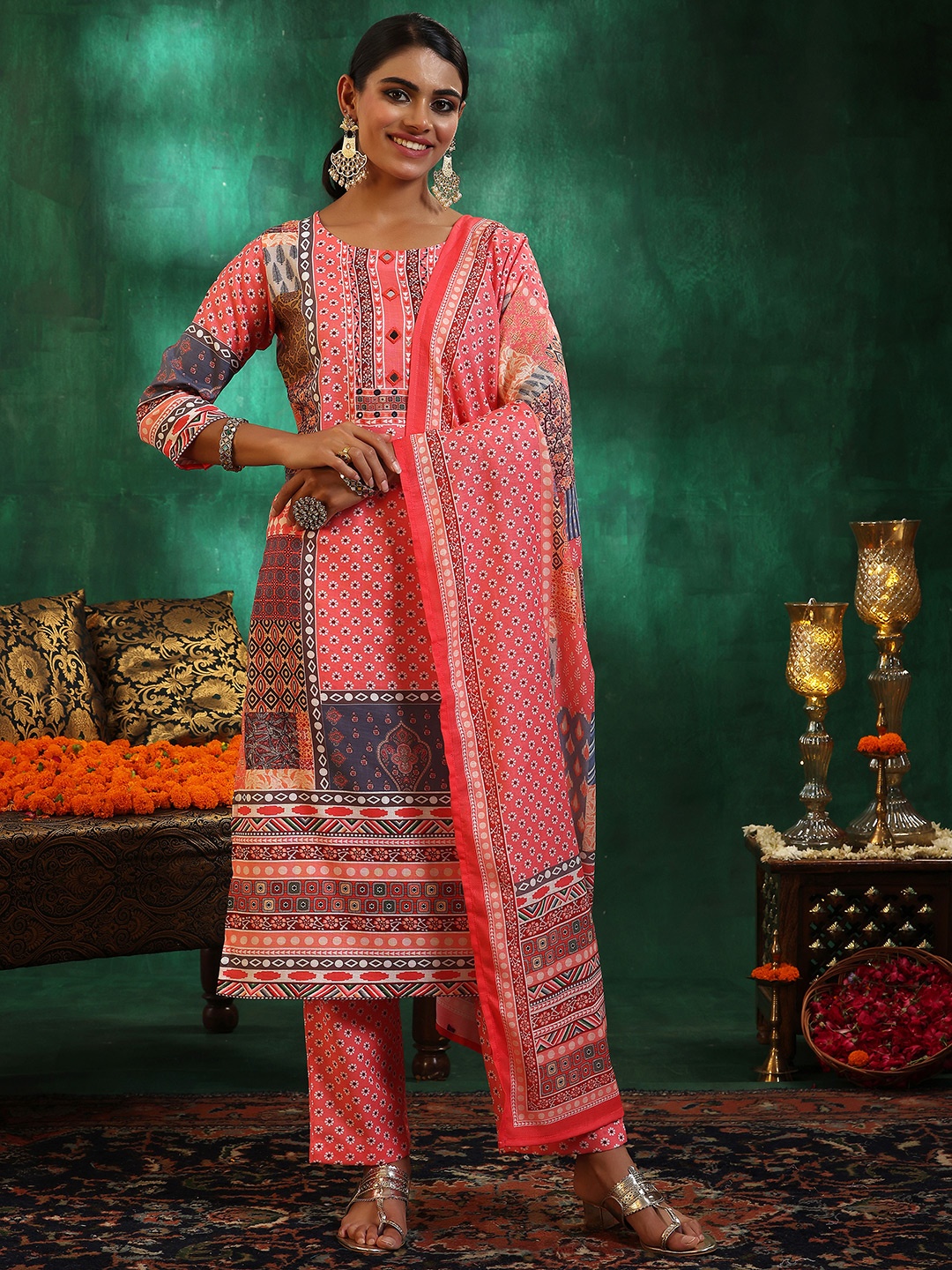 Libas Floral Printed Mirror Work Linen Kurta with Trousers & Dupatta, Peach