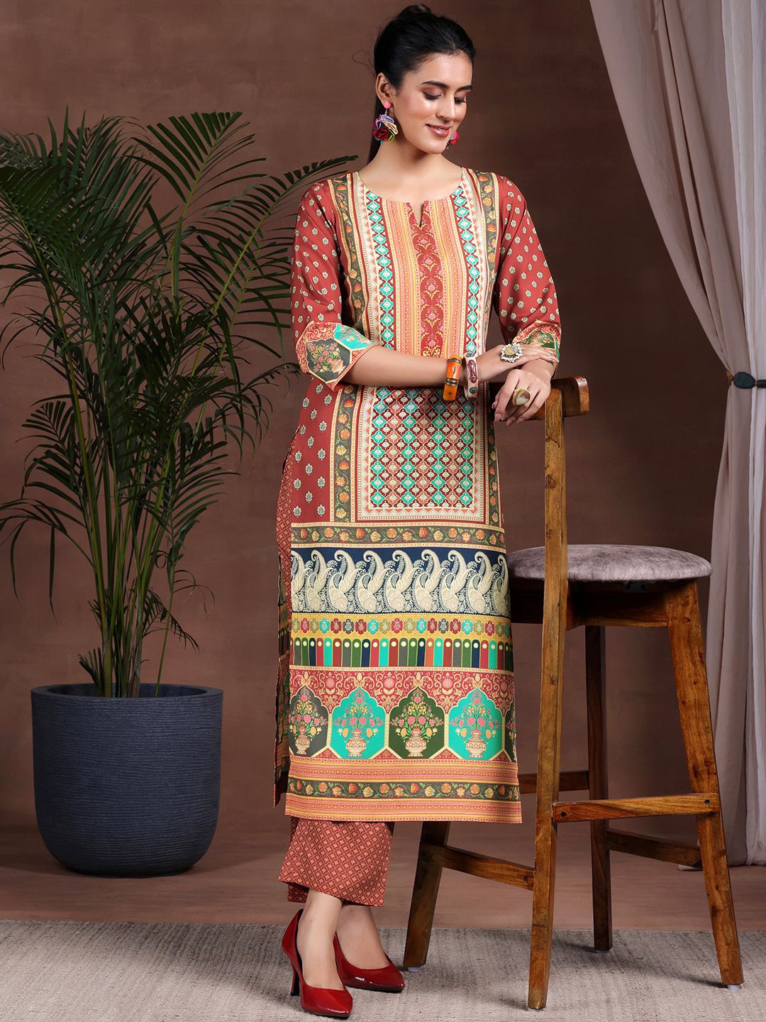 

Libas Ethnic Motifs Printed Notched Neck Straight Kurta With Palazzos, Red