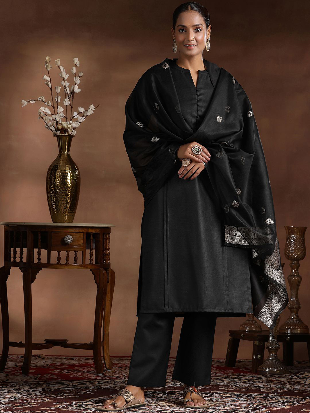 

Libas Pleated Kurta with Trousers & Dupatta, Black