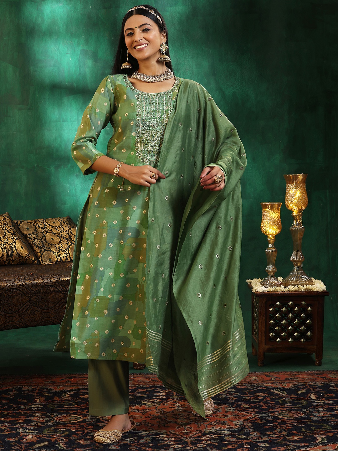 Libas Floral Printed Mirror Work Kurta with Trousers & Dupatta, Green