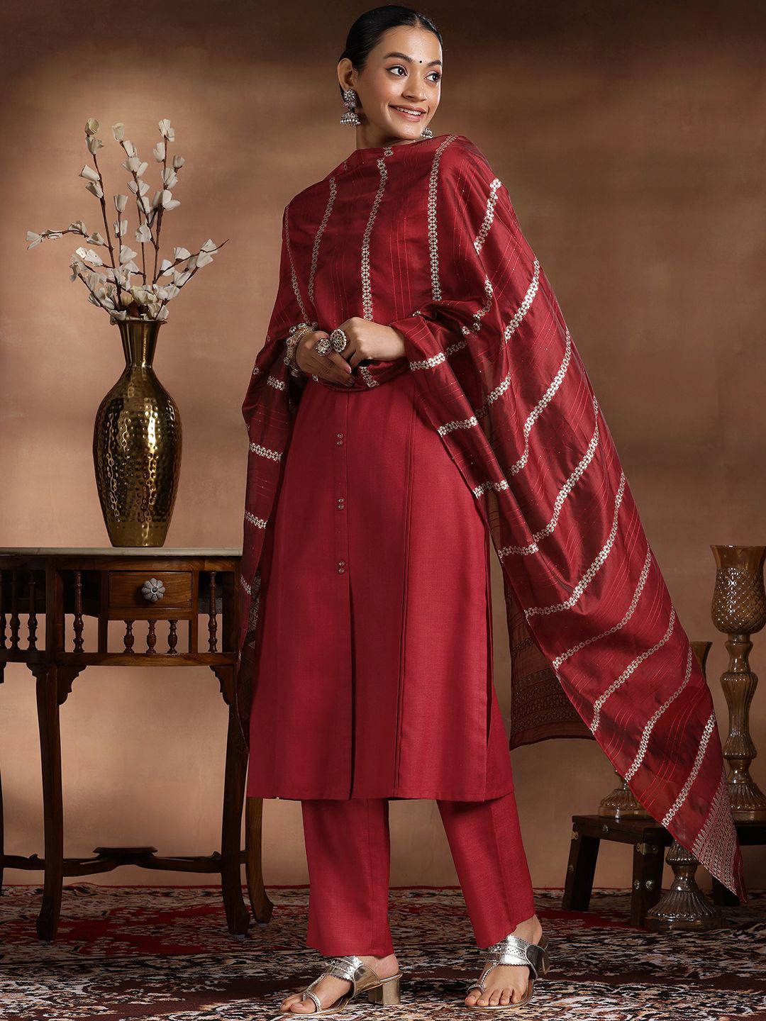 

Libas Round Neck Pleated Straight Kurta with Trousers & Dupatta, Maroon