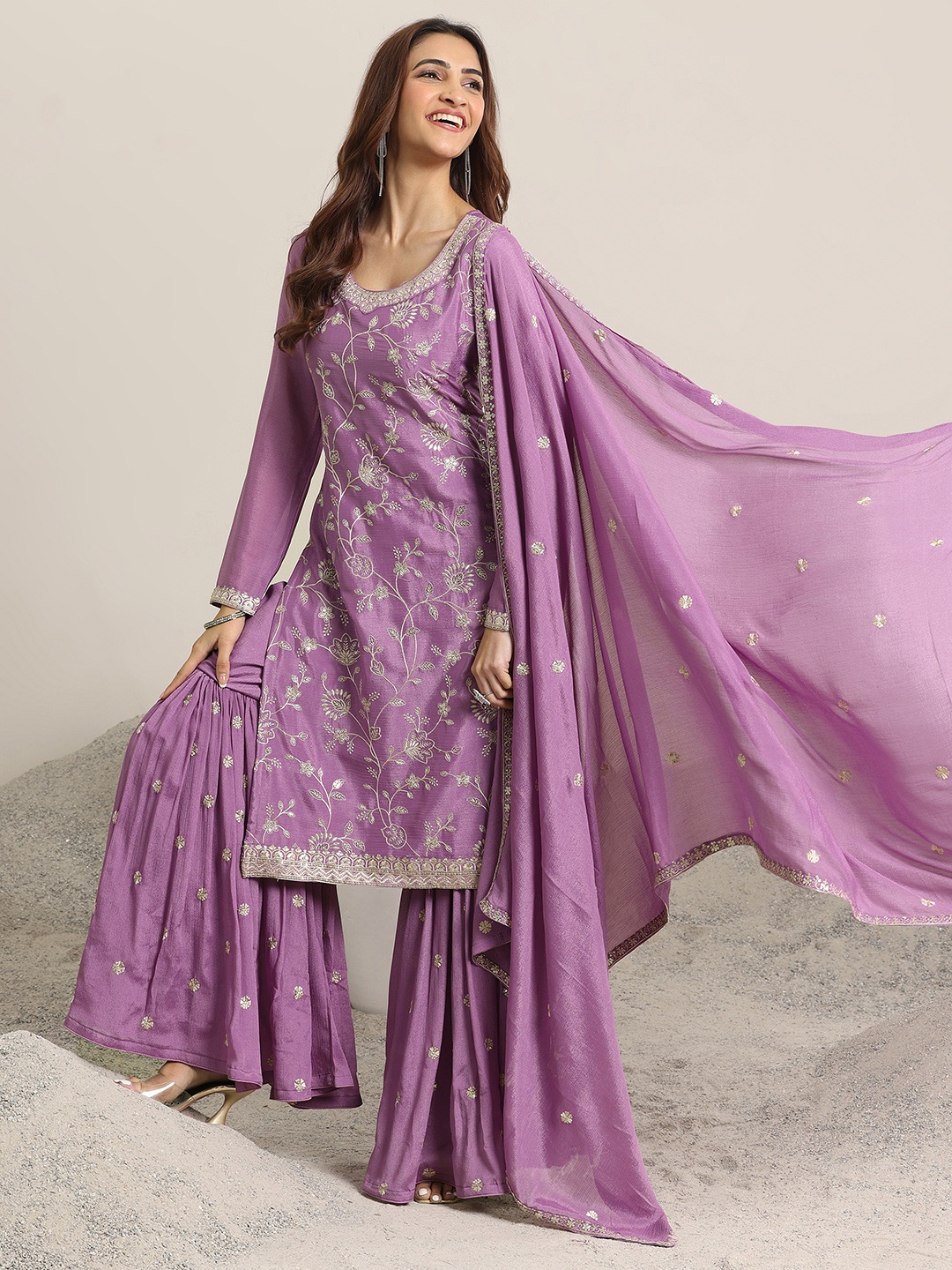 

Libas Floral Embroidered Sequinned Straight Kurta With Sharara & Dupatta, Lavender