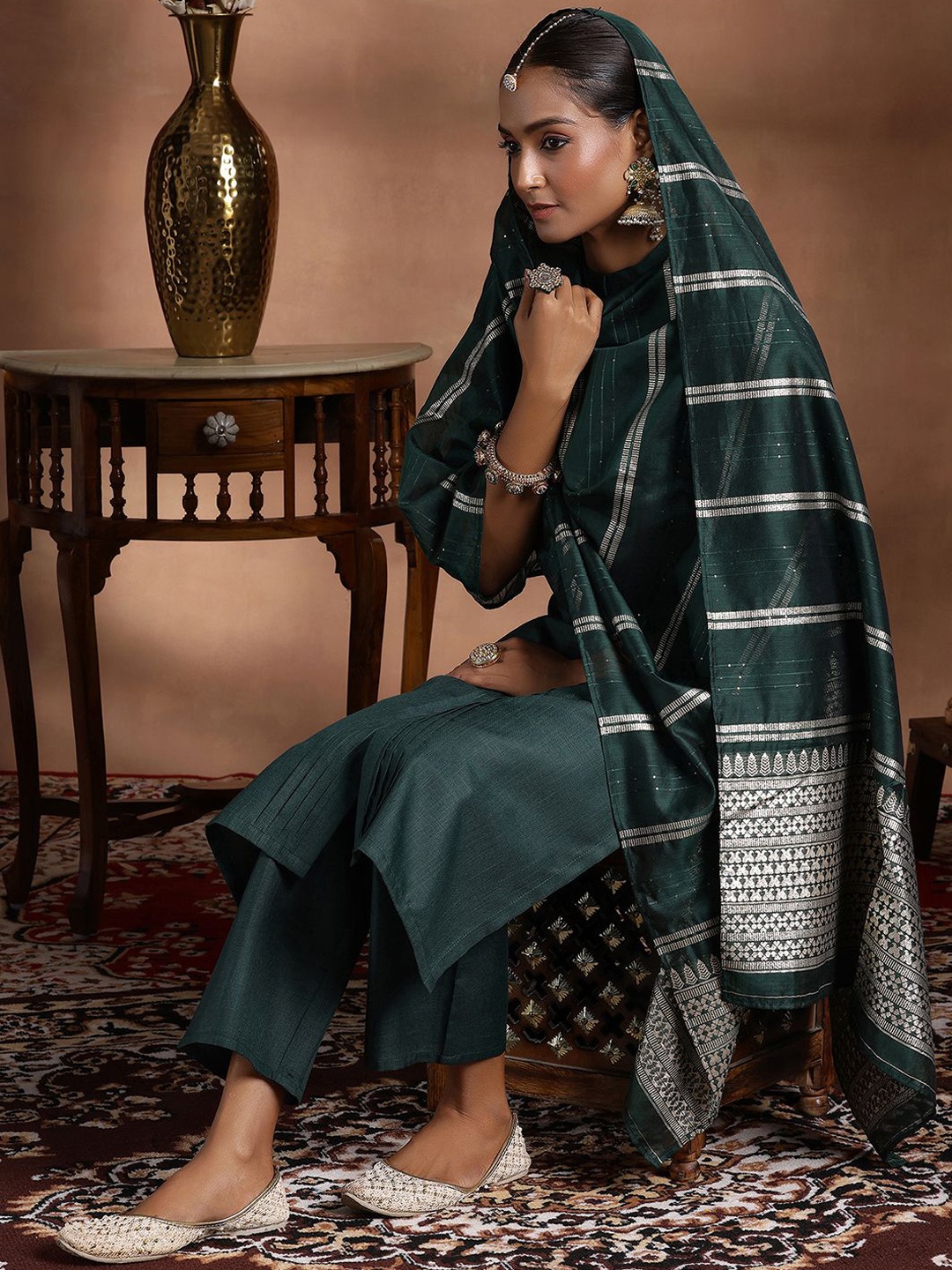 

Libas Mandarin Collar Pleated Straight Kurta With Trousers & Dupatta, Green