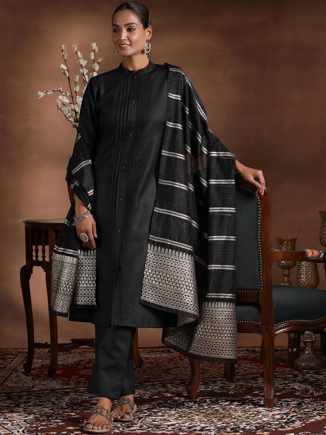 

Libas Black Mandarin Collar Straight Kurta with Trousers & With Dupatta
