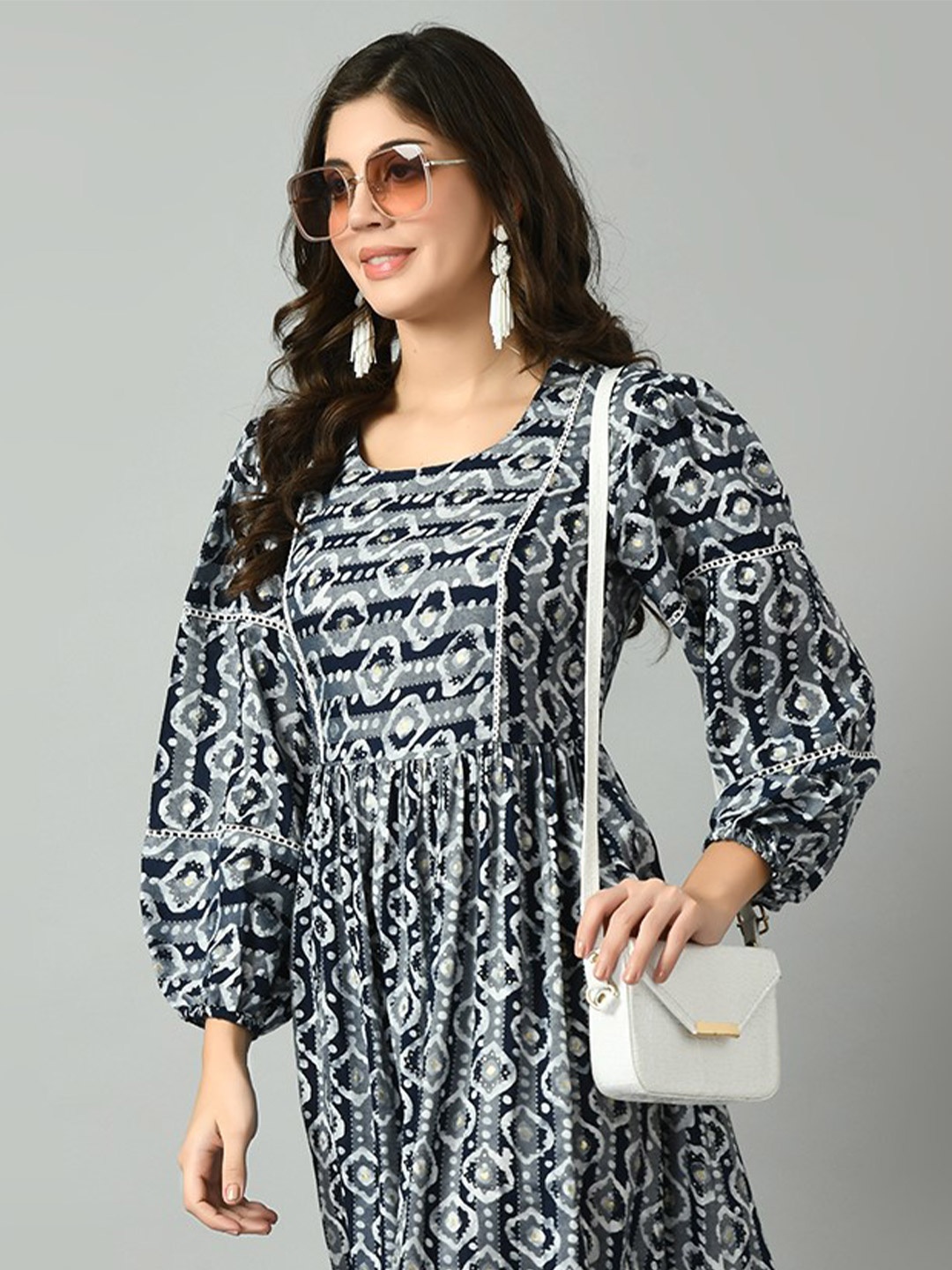 

DOISA Abstract Puff Sleeve Fit & Flare Dress, Blue