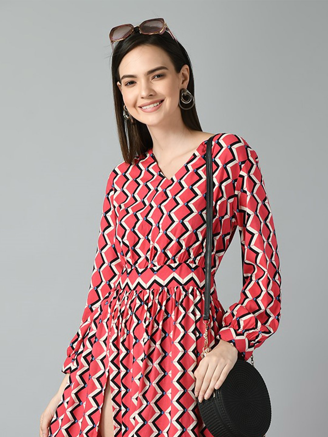 

DOISA Women Printed Puff Sleeve Fit & Flare Midi Dress, Red