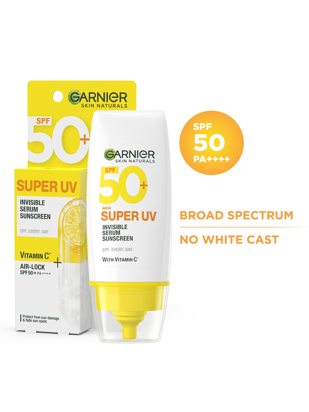 

Garnier Super UV Invisible Serum Sunscreen SPF50 PA++++ - 99% Sun Damage Protection - 30ml, Yellow