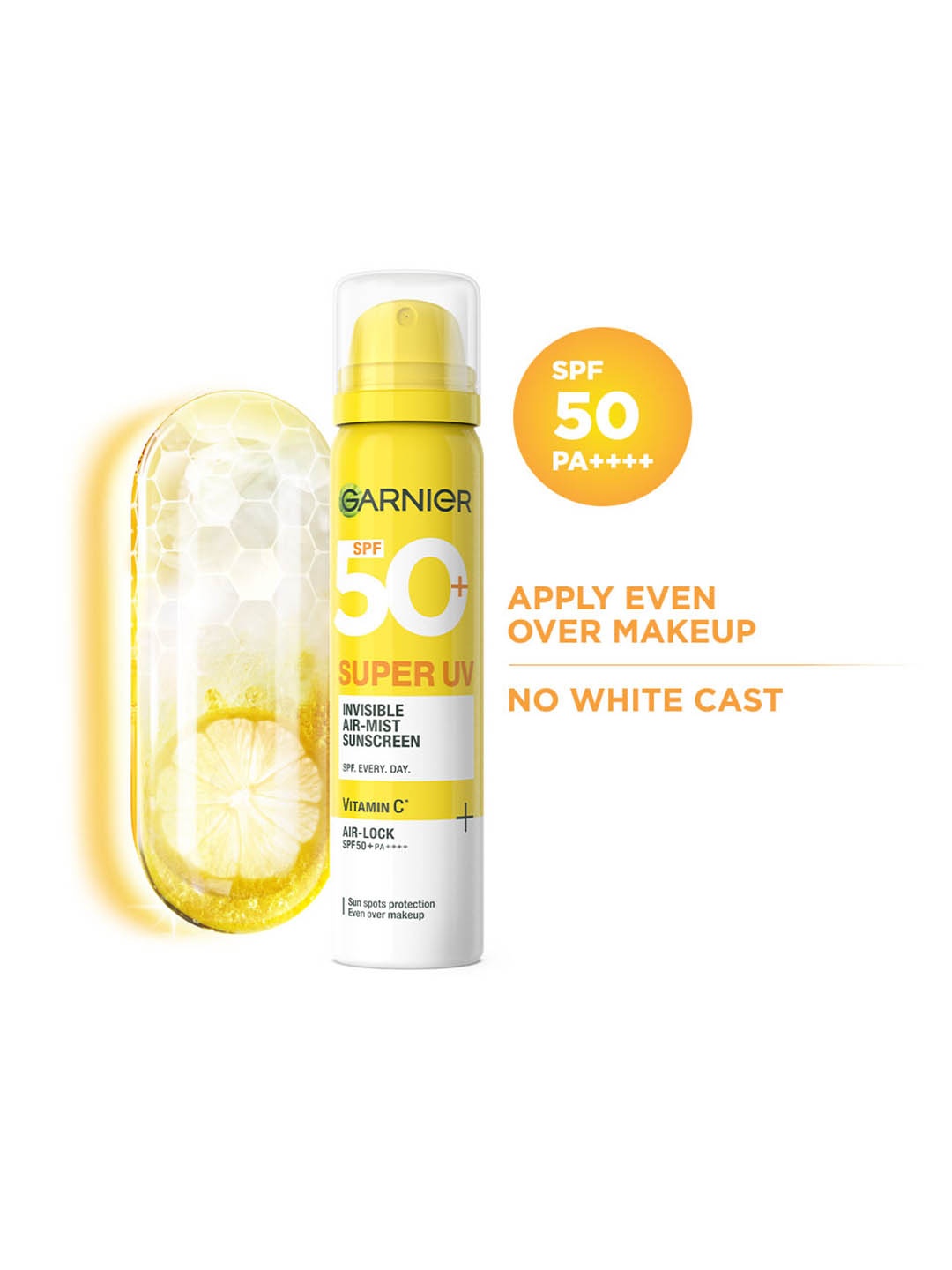 

Garnier Super UV Invisible Air-Mist Sunscreen SPF50 PA++++ -99% Sun Damage Protection 75ml, Yellow