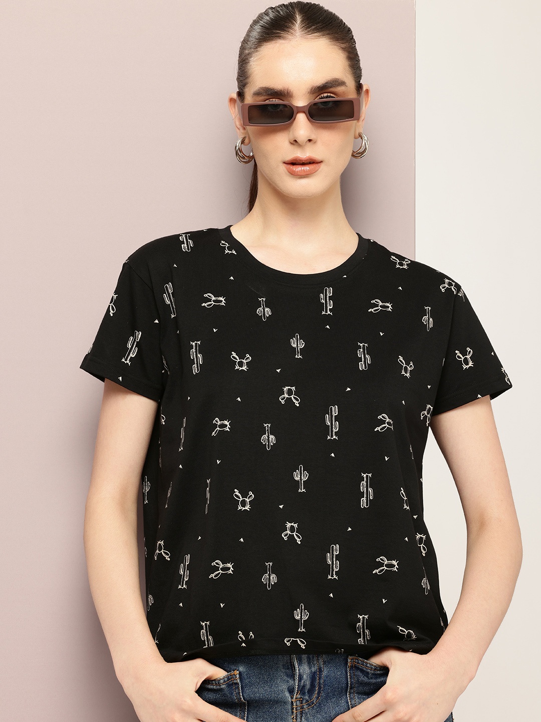 

DILLINGER Floral Printed Boxy Pure Super Combed Cotton T-shirt, Black