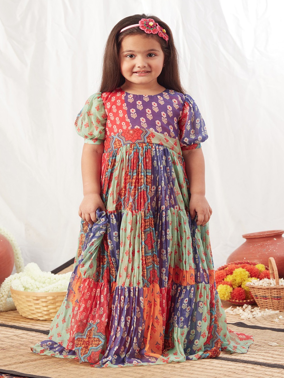 

Vivedkids Girls Floral Print Chiffon Puff Sleeves Maxi Dress, Green