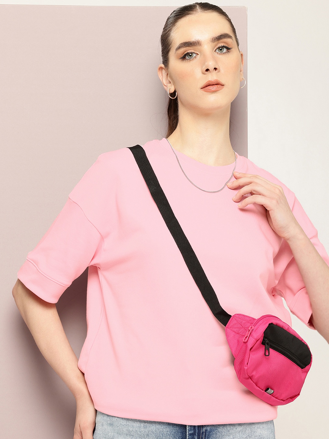 DILLINGER Women Oversized Drop Shoulder Ultra Soft Drapey Cotton Crew Neck T-Shirt, Pink