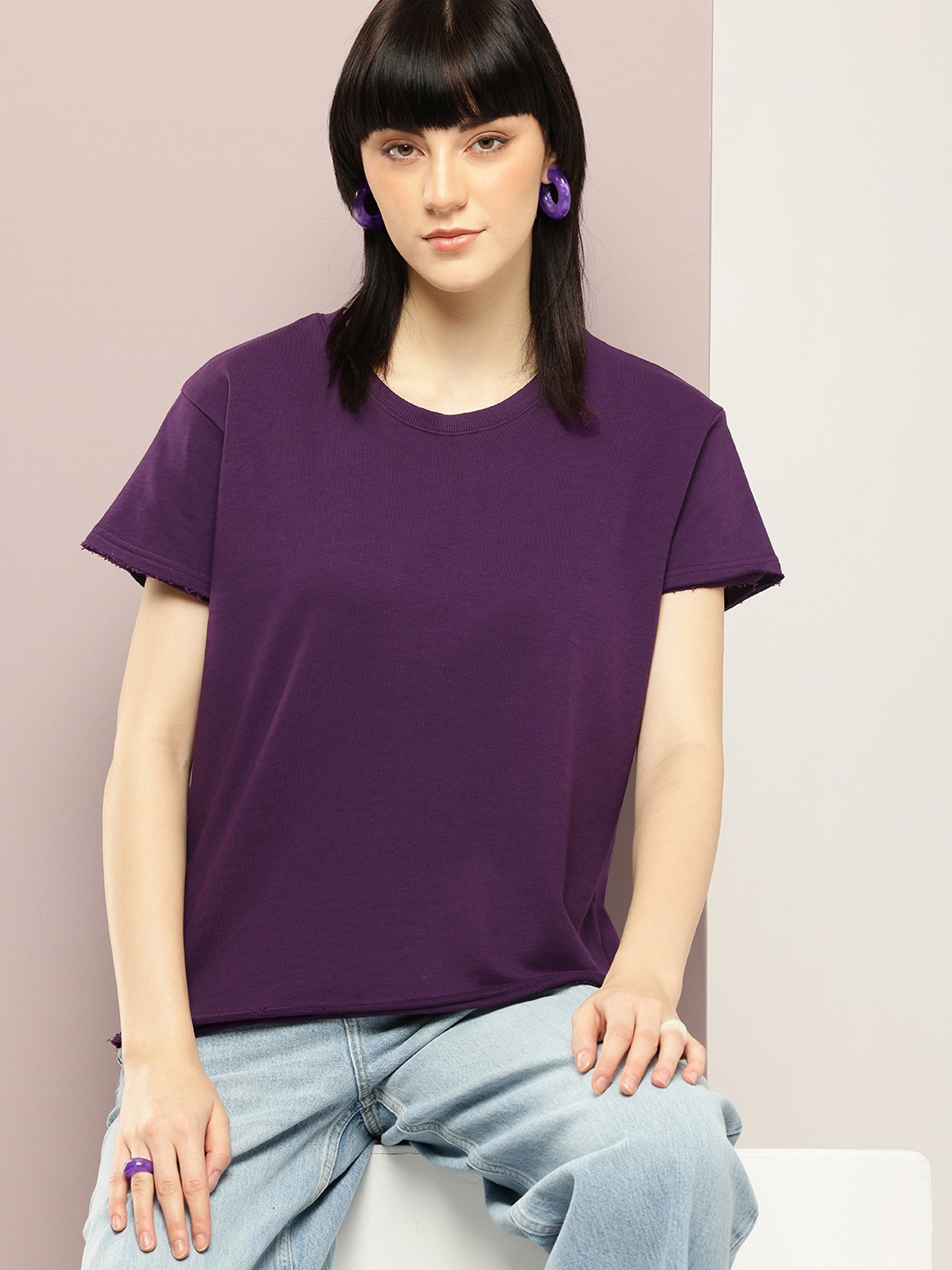 

DILLINGER Women Ultra Soft Drapey Cotton Crew Neck Boxy T-Shirt, Purple