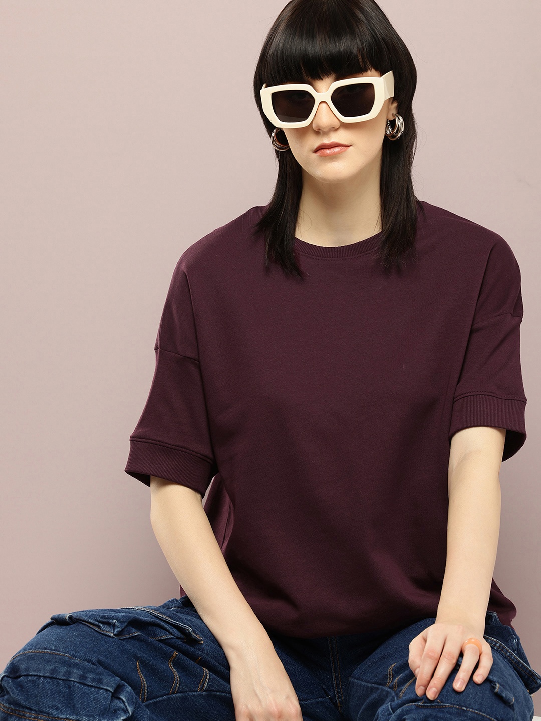 

DILLINGER Women Oversized Drop Shoulder Ultra Soft Drapey Cotton Crew Neck T-Shirt, Burgundy