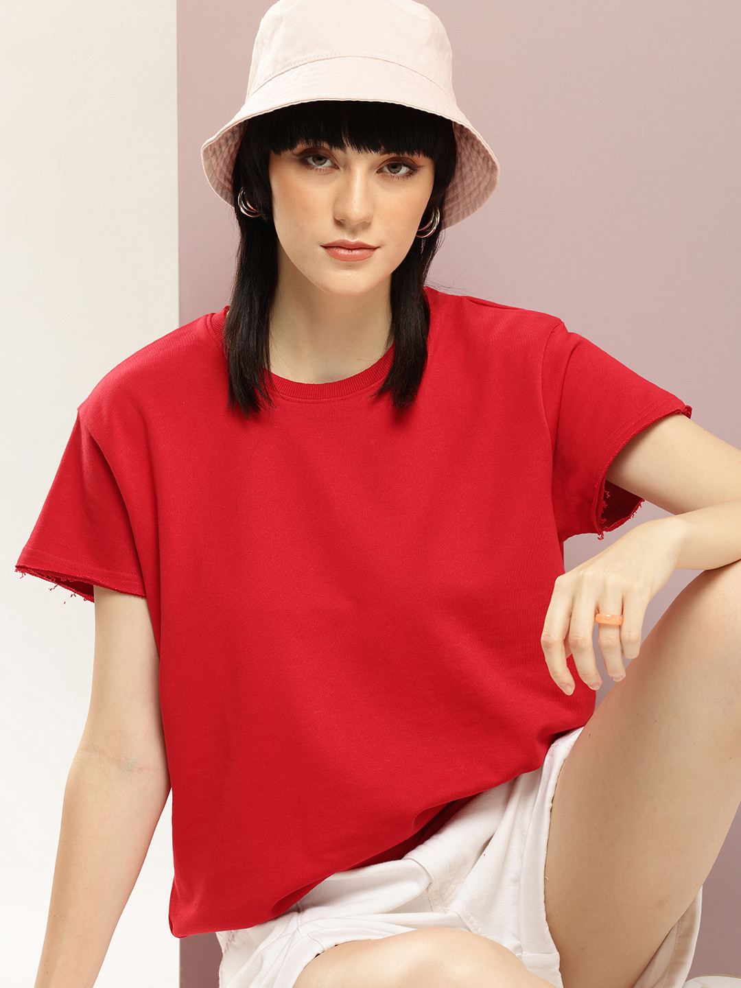 

DILLINGER Women Ultra Soft Drapey Cotton Crew Neck Boxy T-Shirt, Red
