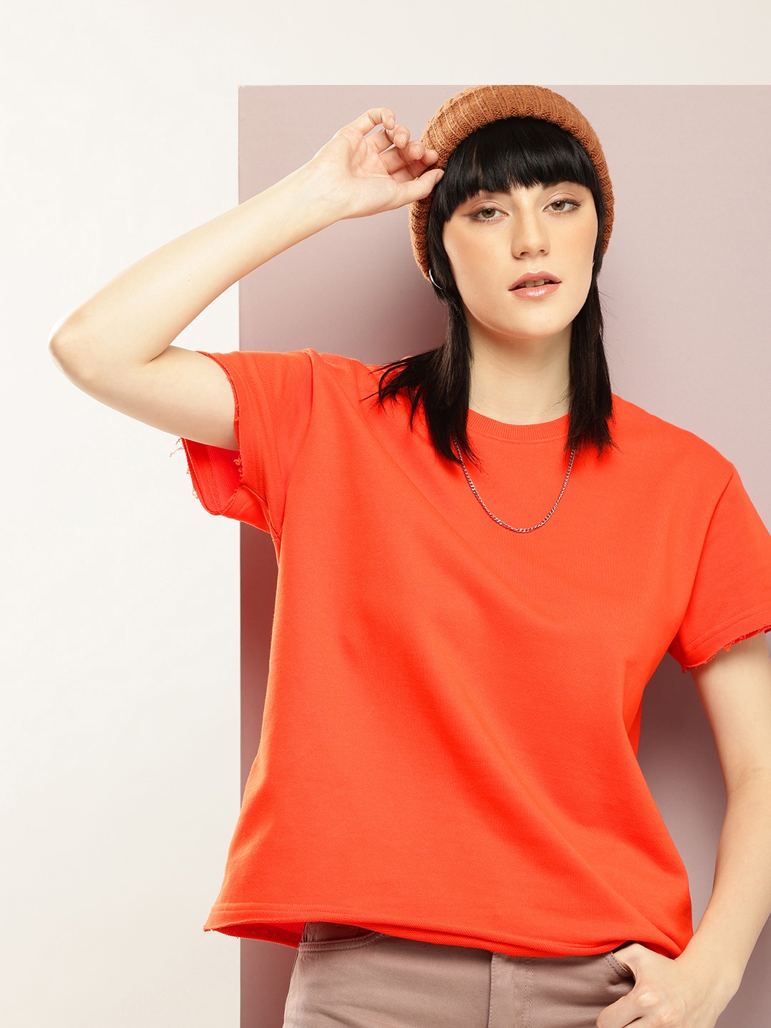 

DILLINGER Women Ultra Soft Drapey Cotton Crew Neck Boxy T-Shirt, Orange