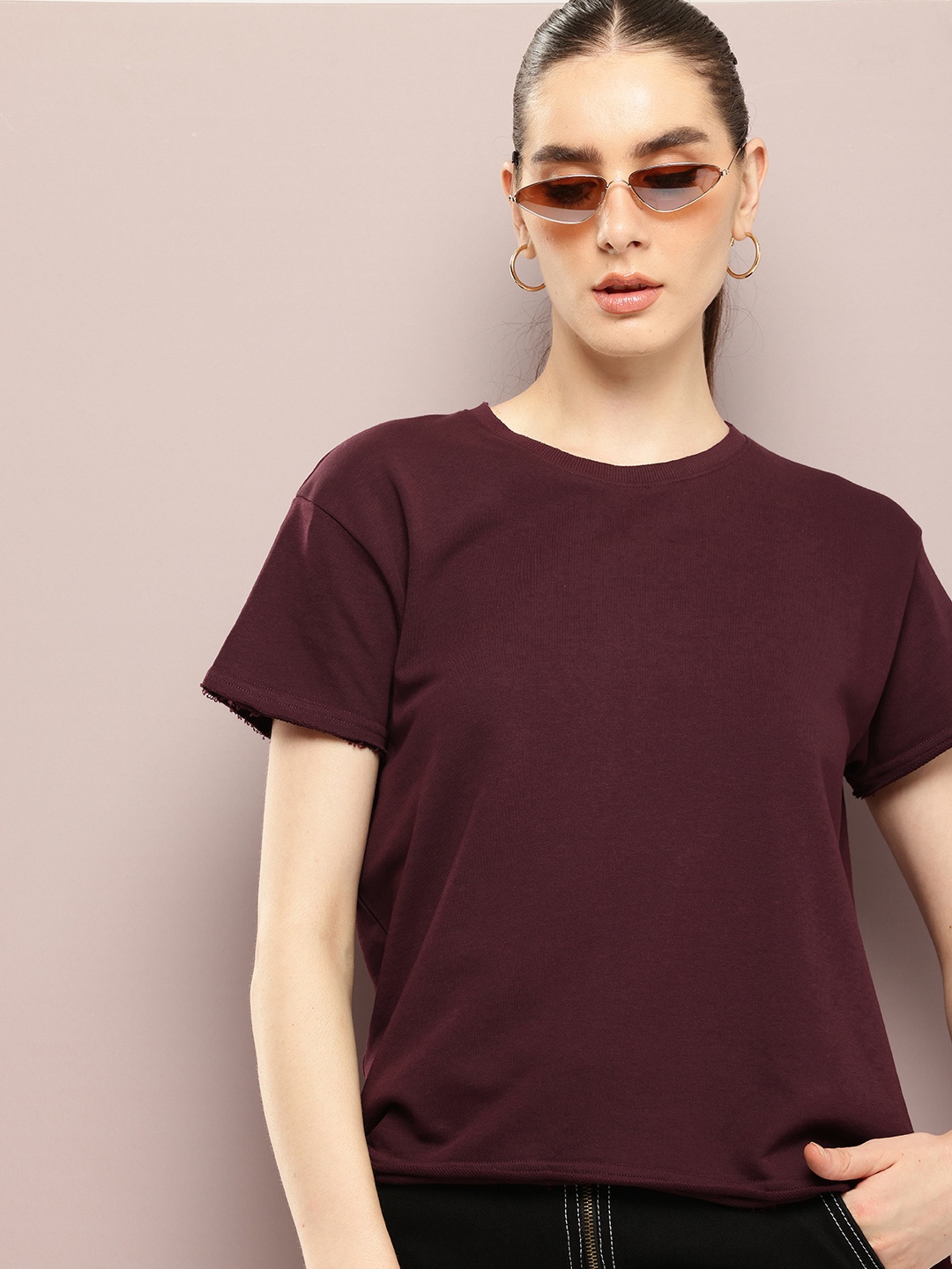

DILLINGER Women Ultra Soft Drapey Cotton Crew Neck Boxy T-Shirt, Burgundy