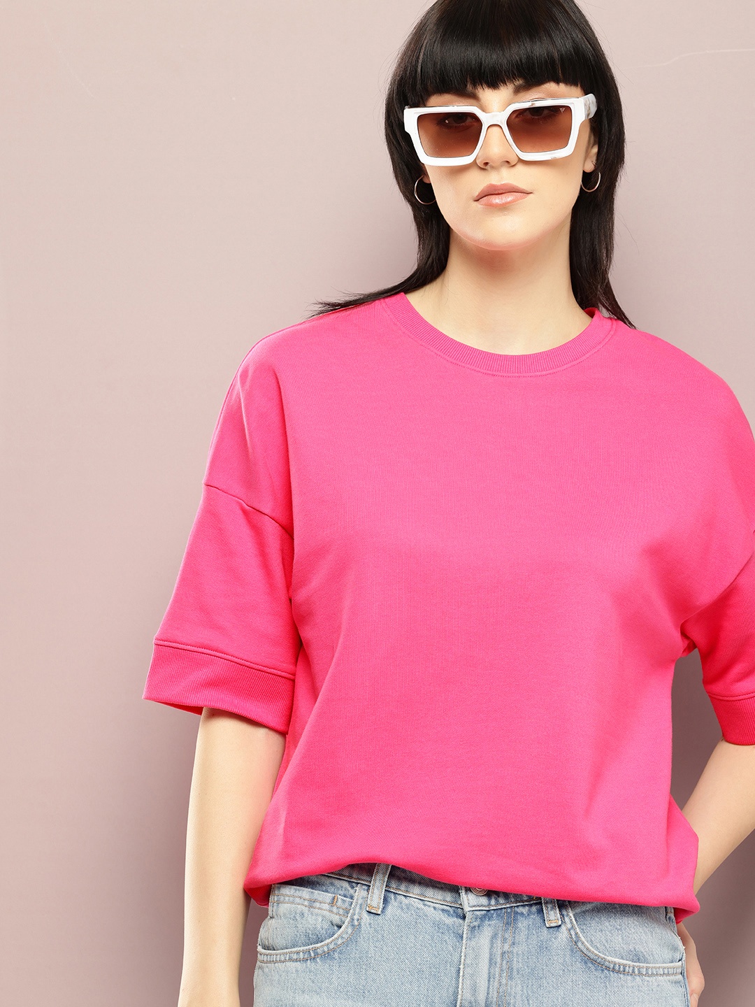 

DILLINGER Women Oversized Drop Shoulder Ultra Soft Drapey Cotton Crew Neck T-Shirt, Pink